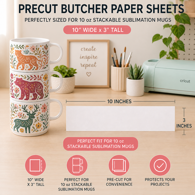 10" x 3" Precut Butcher Paper Sheets for 10 oz Stackable Sublimation Mugs