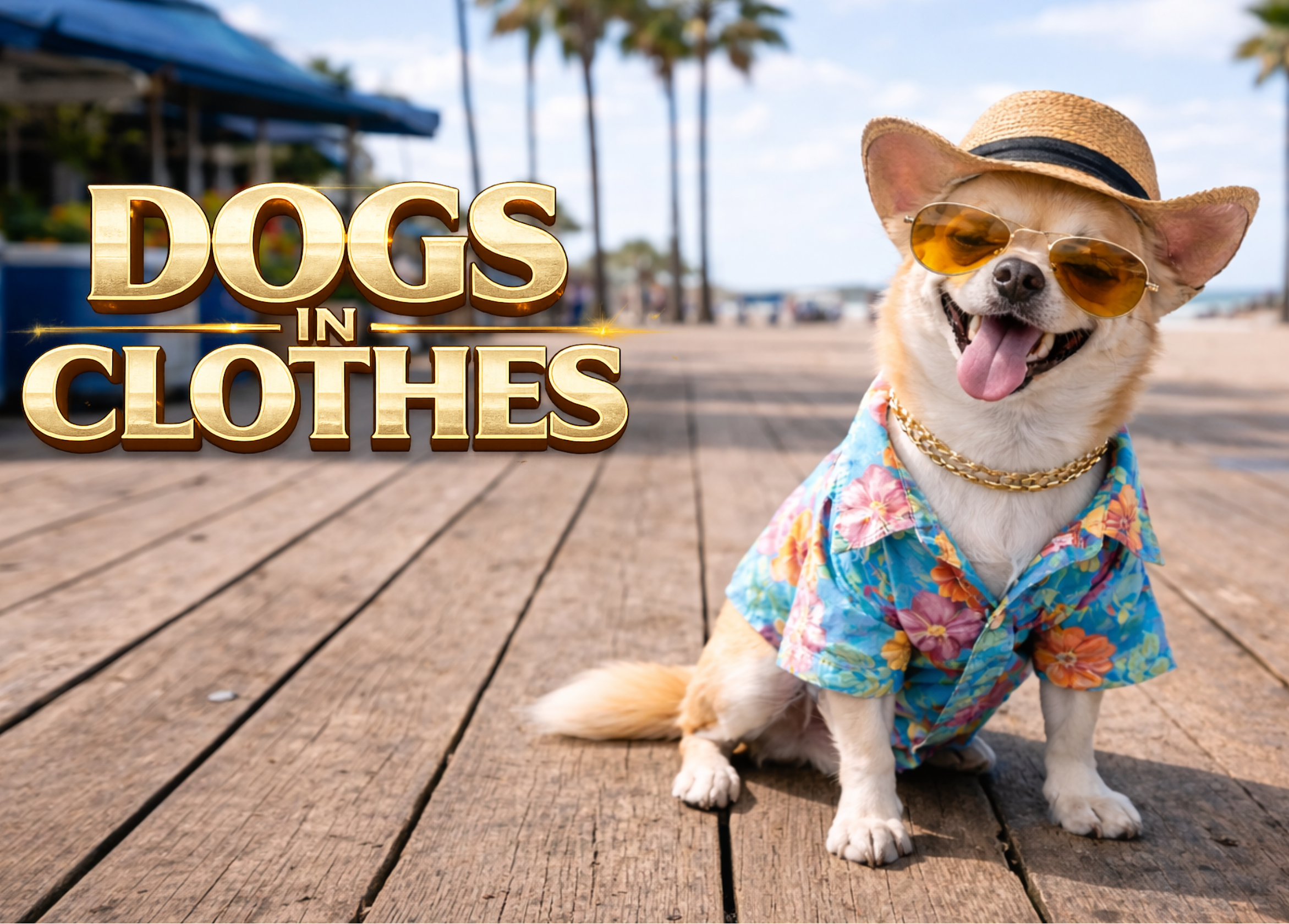 Dog wearing a hawaiian shirt and sunglasses on a wooden boardwalk with 'Dogs in Clothes' text.