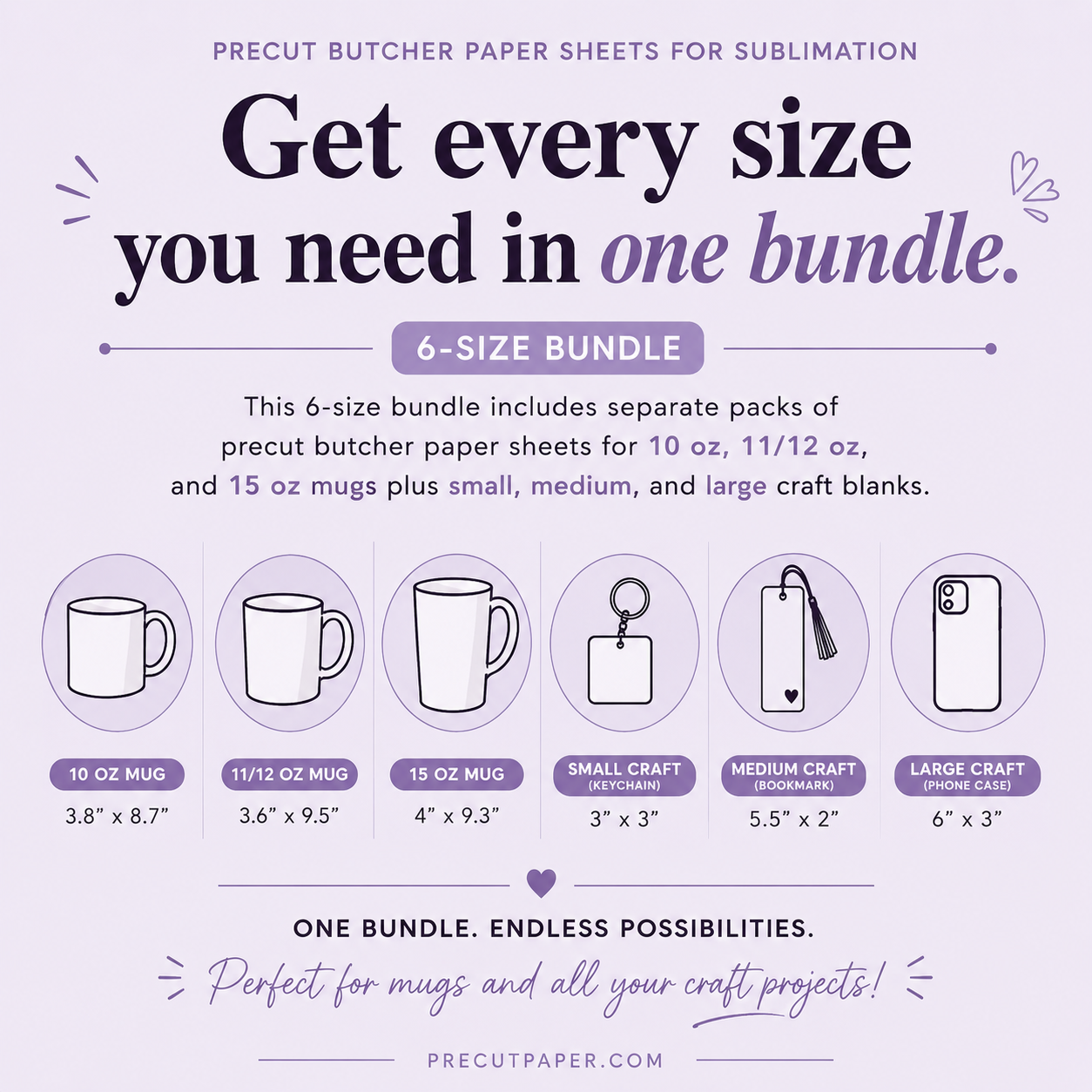 Precut Butcher Paper Sheets for Sublimation Mugs, 6 Size Combo Pack