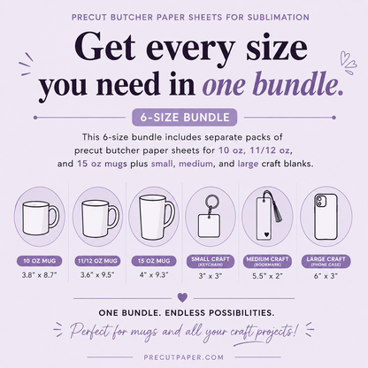 Precut Butcher Paper Sheets for Sublimation Mugs, 6 Size Combo Pack