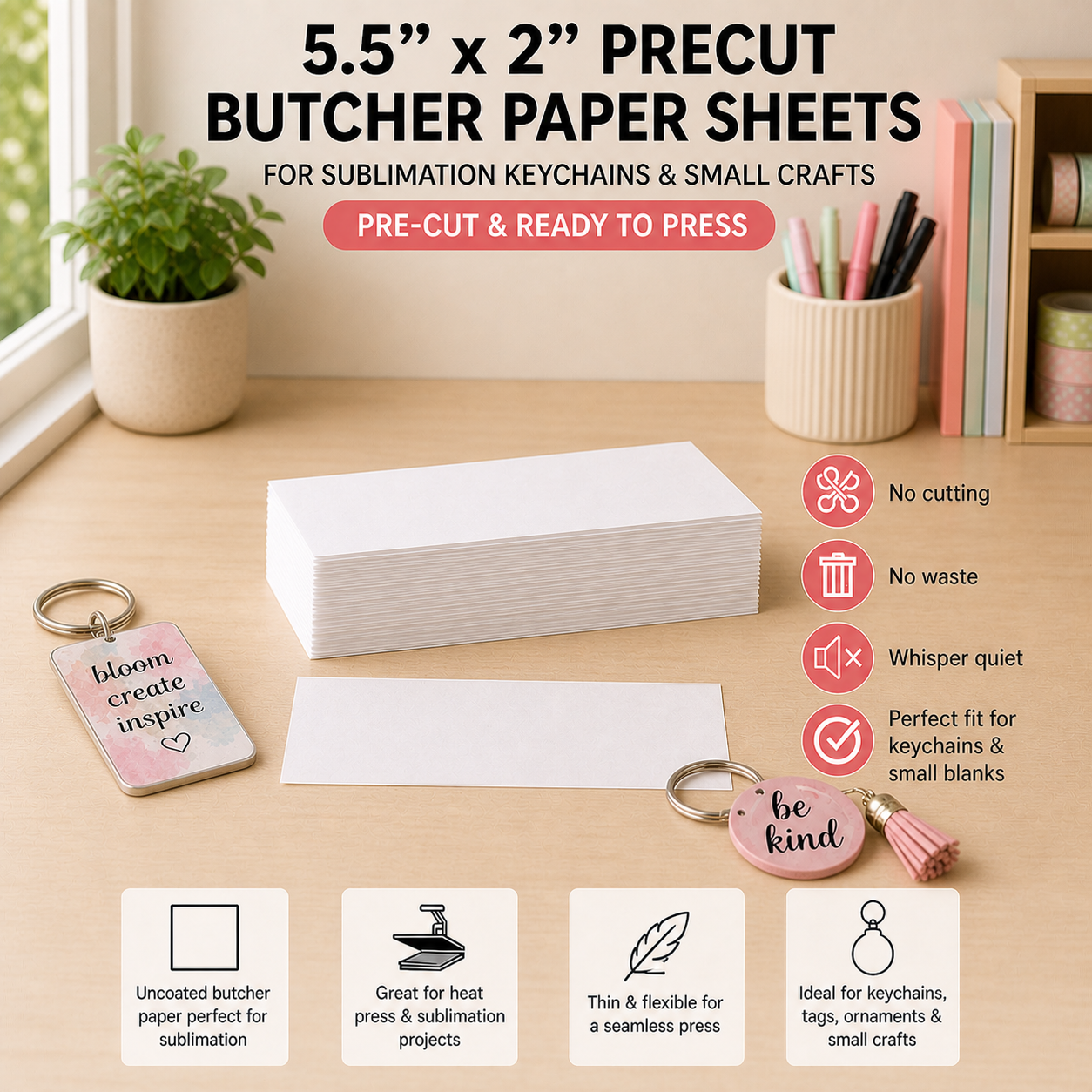 5.5" x 2" Precut Butcher Paper Sheets for Sublimation Keychains & Small Crafts