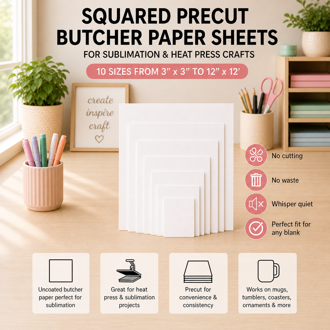 Squared Precut Butcher Paper Sheets for Sublimation & Heat Press Crafts