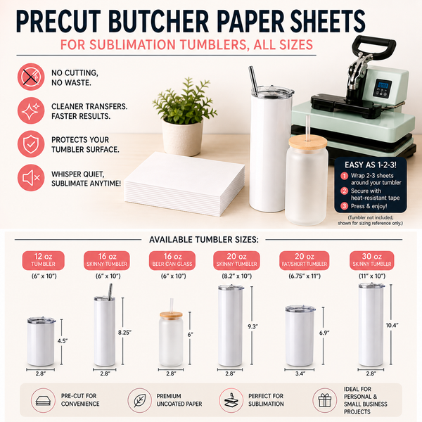 Precut Butcher Paper Sheets for Sublimation Tumblers, All Sizes